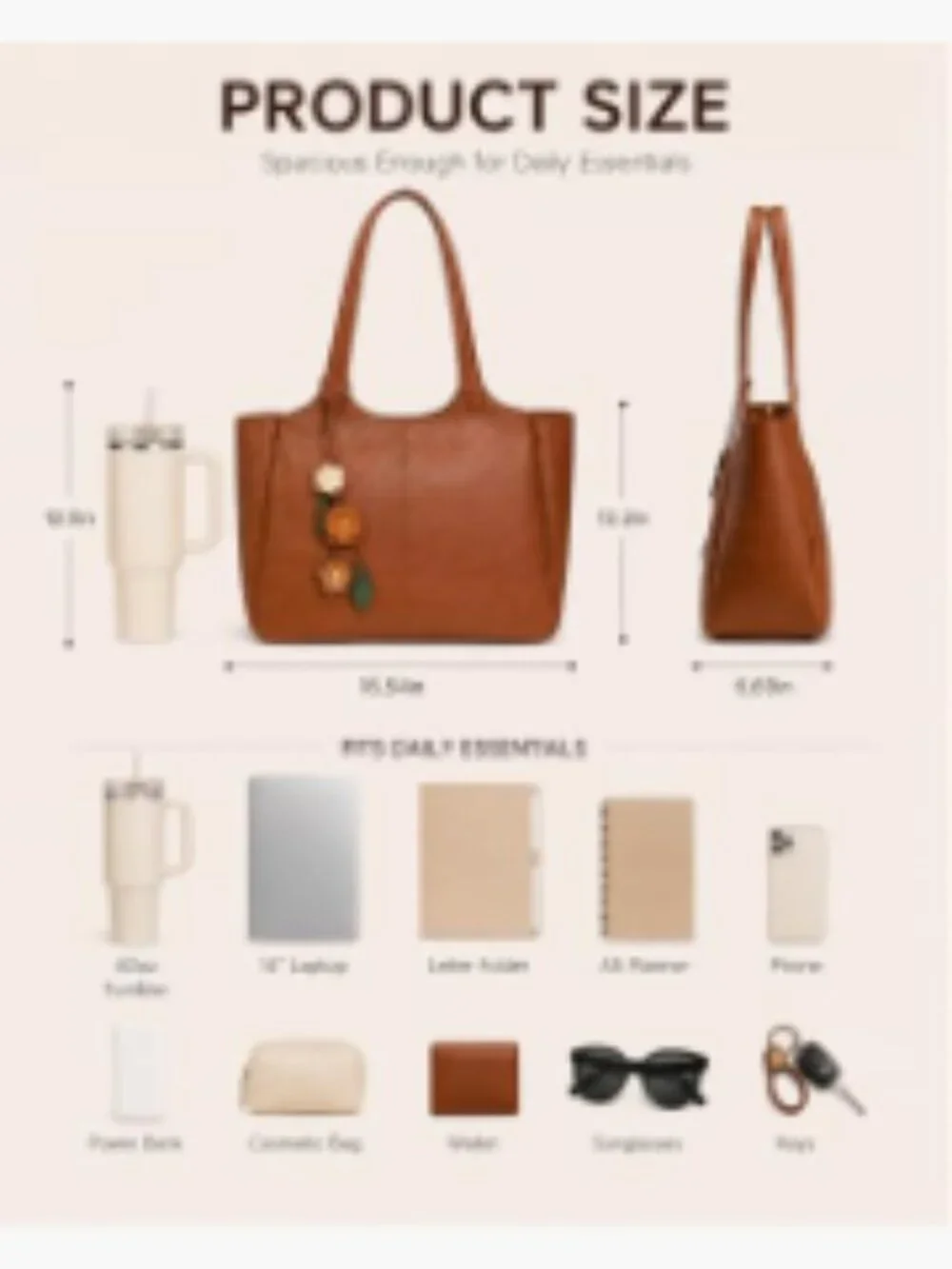 Vegan Leather Tote Bag with 40oz Cup Holder, Laptop Sleeve